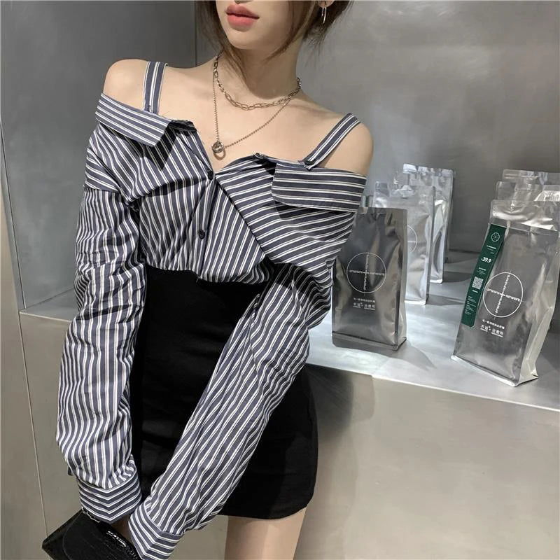 スラッシュネック ミニドレス レディース 韓国風 ストライプ パッチワーク ヒップラップドレス ファッション ストリートウェア 長袖 ボディコンデザイン ワンピース 新作