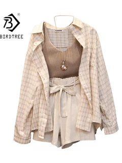 Summer Women Three Piece Sets Casual Linen Plaid Long Sleeve Tops + Elastic Waist Belt Wide Leg Shorts Vest Suits S26801J