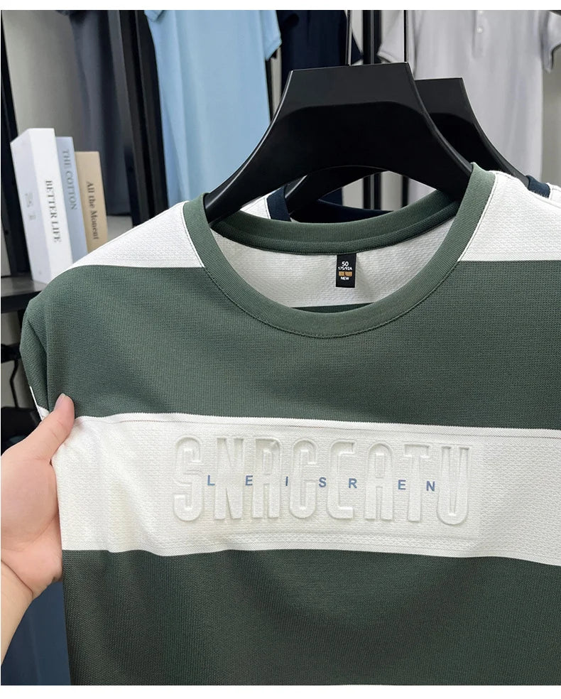 Top Grade Yarn Dyed Striped New Summer Tops Designer Round Neck Tshirt Men 2025 Brand Short Sleeve Casual Fashion Men Clothing