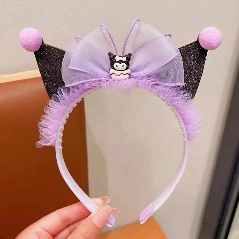 Kawaii Sanrio Kuromi Children Headband Hello Kitty Melody Cinnamoroll Cartoon Bow Shiny Hairband Hair Accessories Christmas Gift