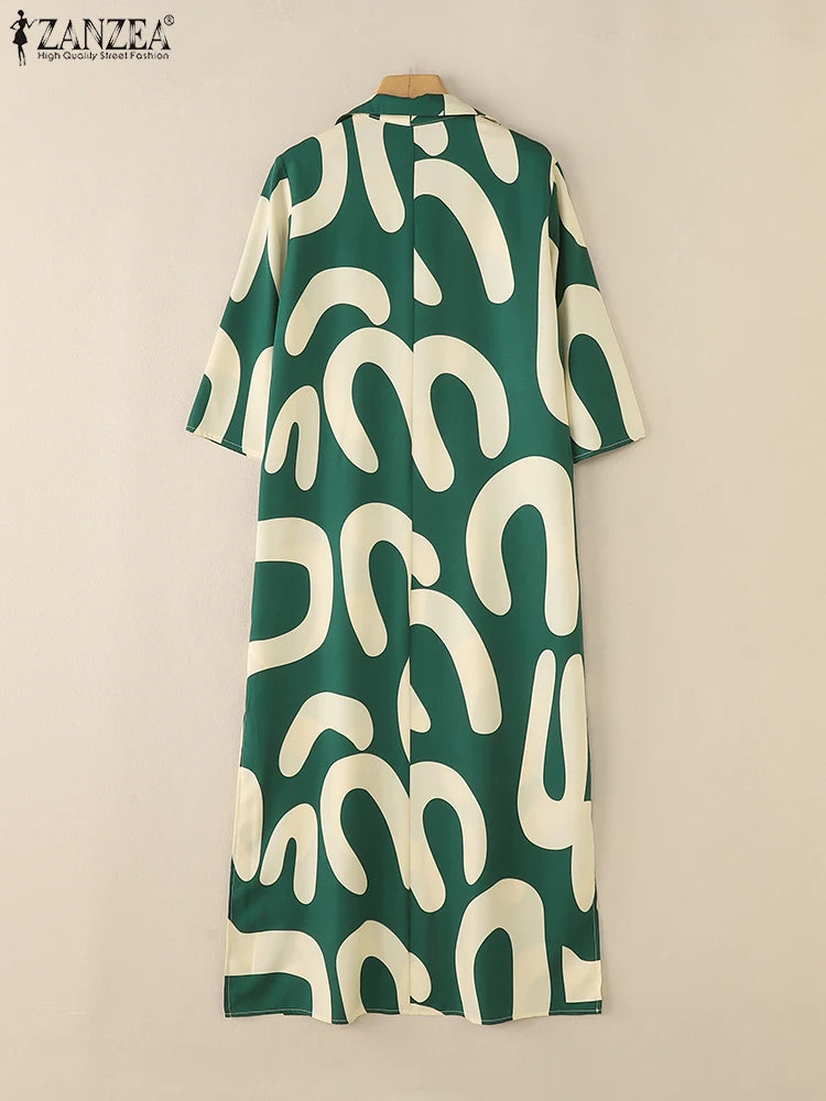 2025 ZANZEA Fashion Autumn Printed Dresses Women Maxi Long Dress Lapel Neck Long Sleeve Robe Casual Kaftan Vestidos Oversize