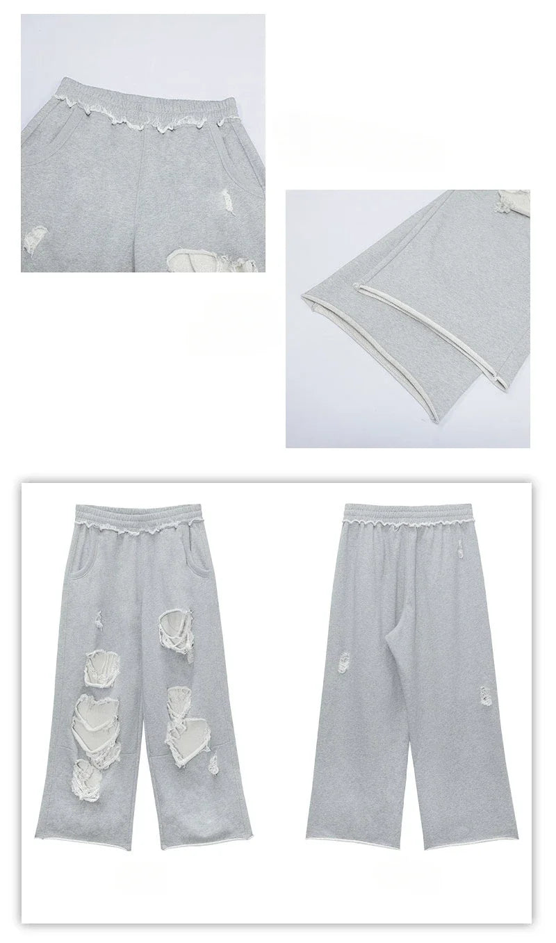 2025 New Distressed Gray Baggy Joggers Women Hip Hop Style Grunge Wide Leg Holes Sweatpants Oversized Gyaru Streetwear Trousers