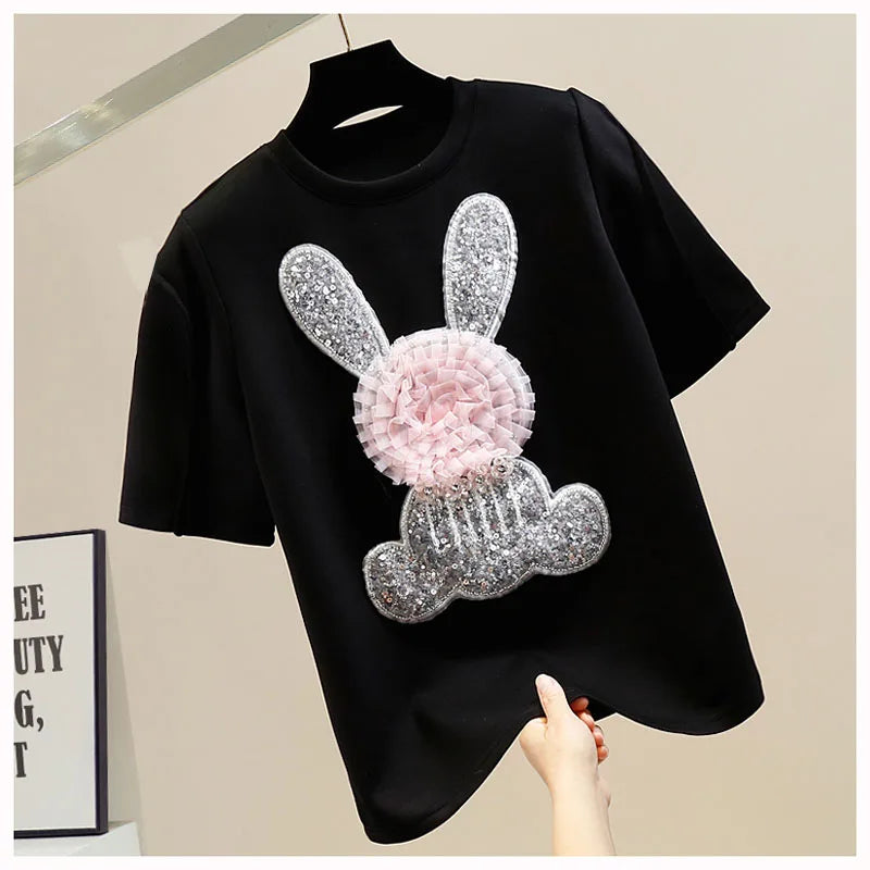 Heavy Industry Rabbit Sequins White Short-Sleeve T-shirt Women Sweet Contrast Color Mesh Cute Flowers Rabbit T Shirt Summer Tees