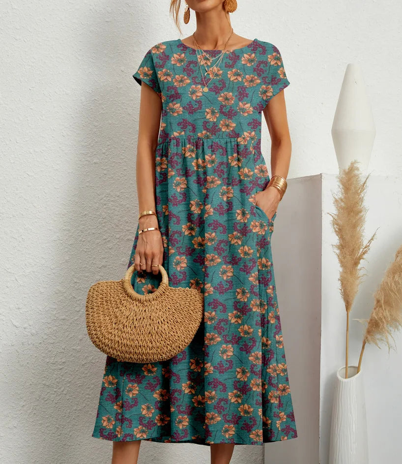 Fashion Women's Cotton and Linen Dress, Round Neck Printed Short Sleeved A-line Maxi Skirt, Unique Floral Long Dresses Vestidos