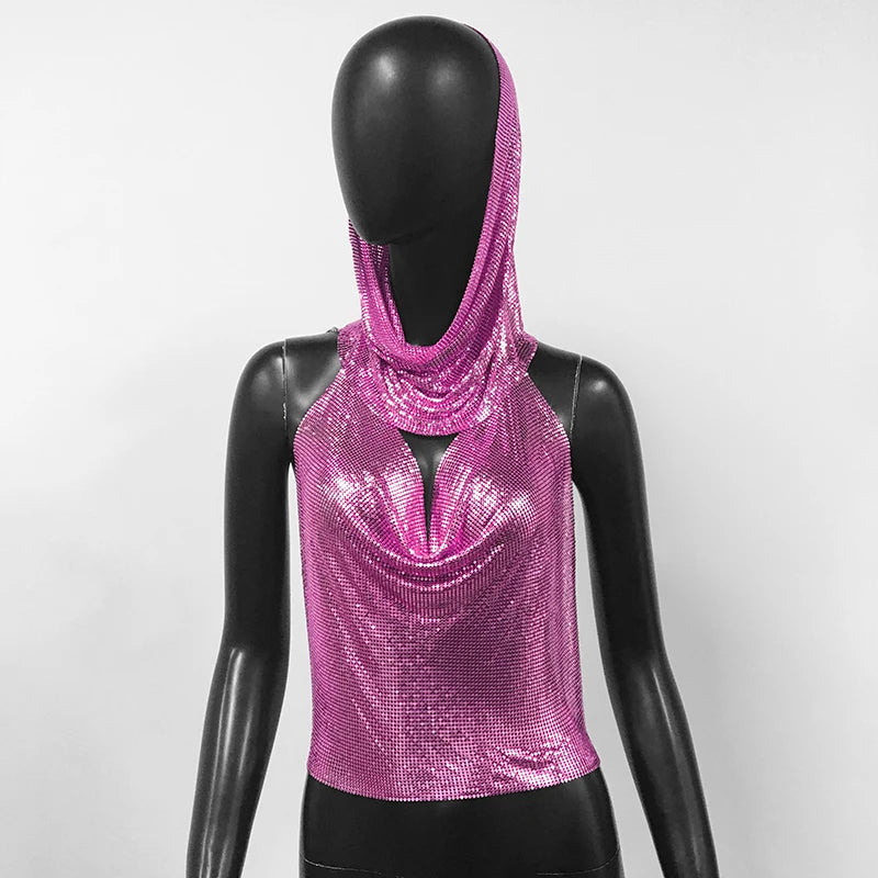 Women Metal Sequins Tank Top With Turban 2 Piece Sexy V Neck Backless Suspender Top Rave Festival Party Nightclub Camisole