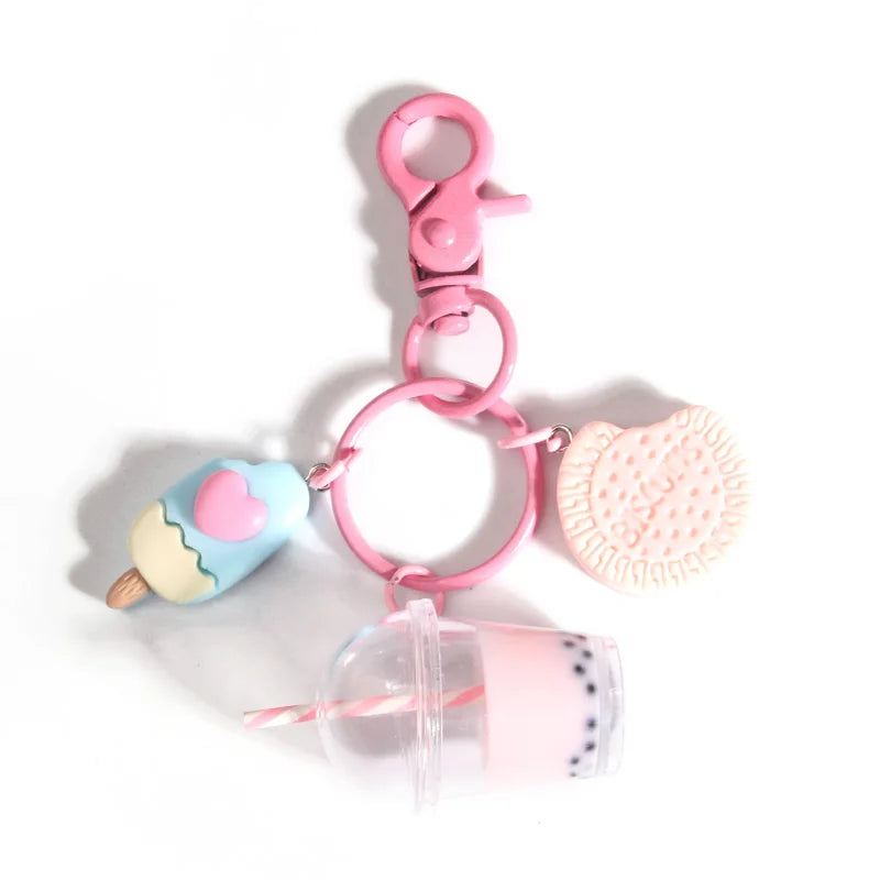 Cute Keychains Ice-cream Bubble Tea Biscuit Pink Key Rings Friendship For Best Friend Women Girl Handbag Gift Jewelry
