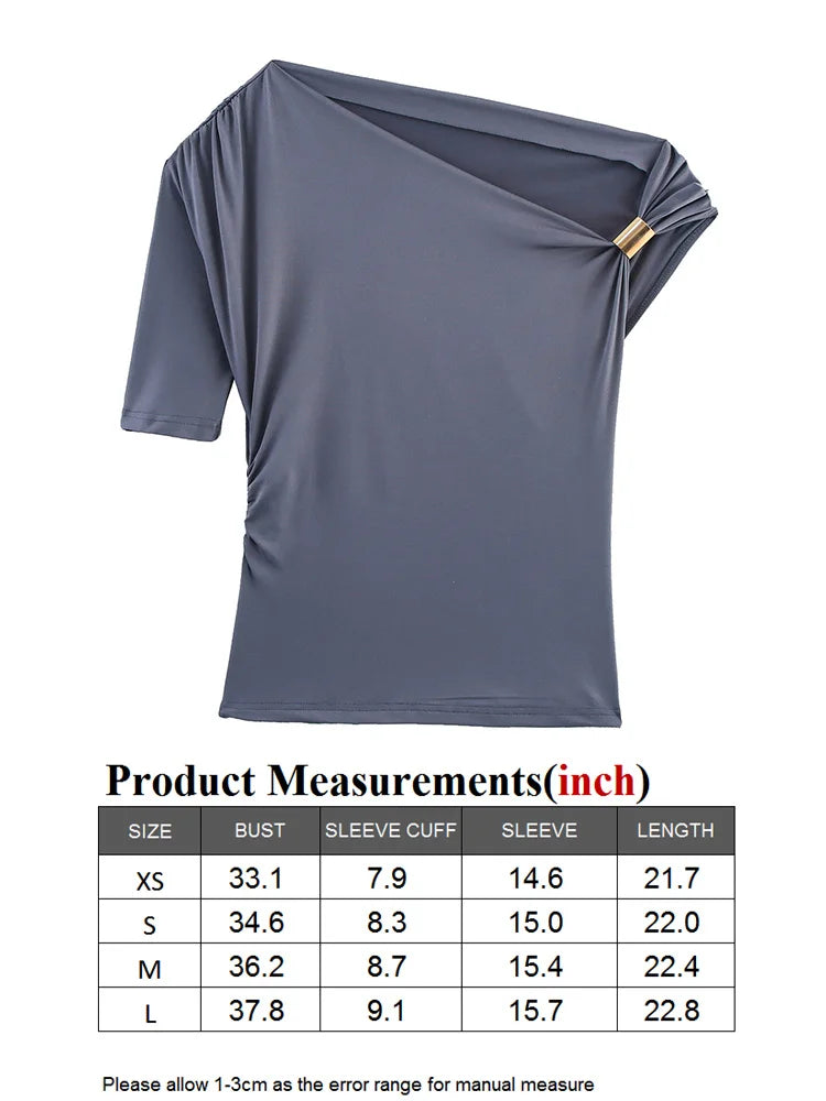 TRAF GAL 2025 Summer Thin Women Tees Short Sleeve Metal Detail Ruched Elastic Slim Asymmetric T-Shirt Female Crop Top Y2K