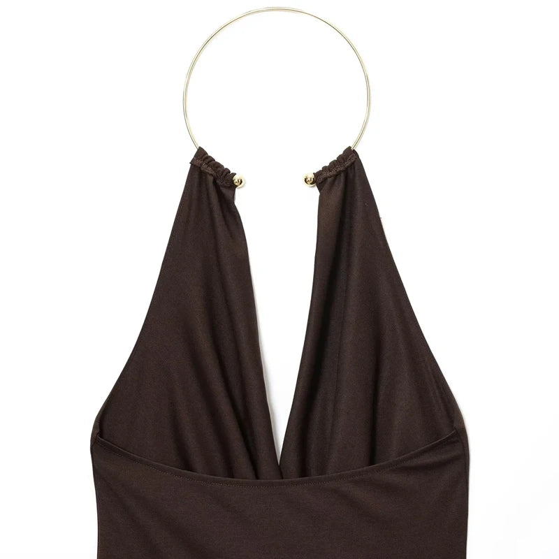 HXAO Halter Neck Bodysuits Sexy Summer Off Shoulder Bodysuit Women Brown Top Ruched Ring Backless Thong Bodysuit Woman One Piece