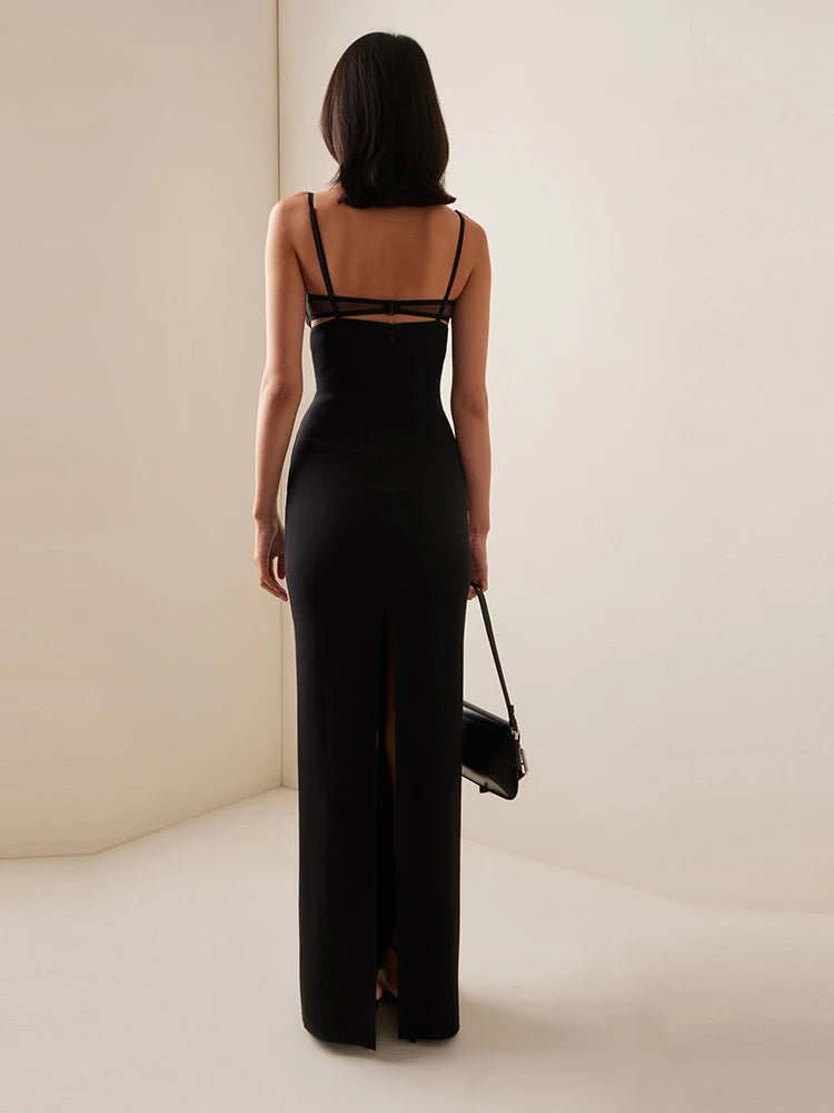 Sexy Spaghetti Strap Mesh Patchwork Hollow Out Bandage Dress Women Black Sleeveless V Neck Bodycon Dresses Evening Party Gowns