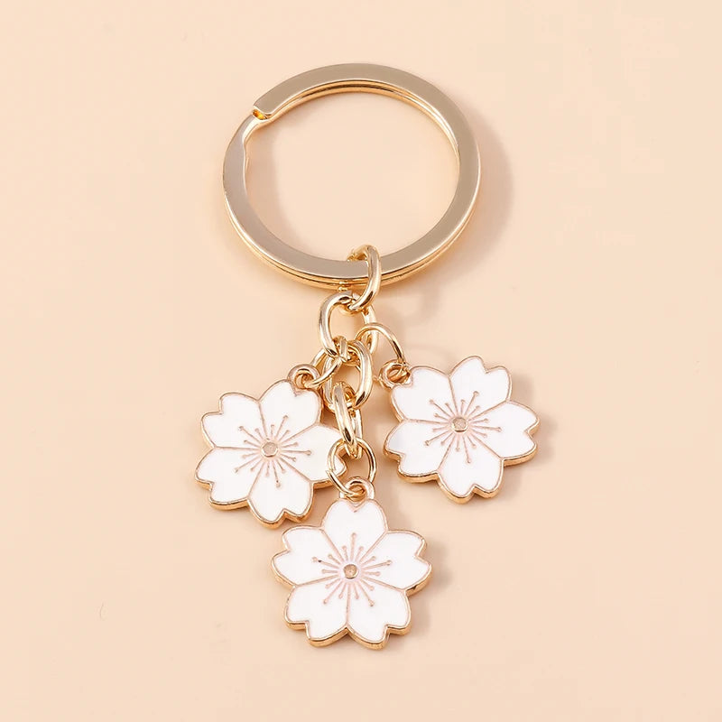 Cute Enamel Keychain Colorful Sakura Flower Key Ring Sweet Key Chains for Women Girls Handbag Accessories DIY Jewelry Gifts