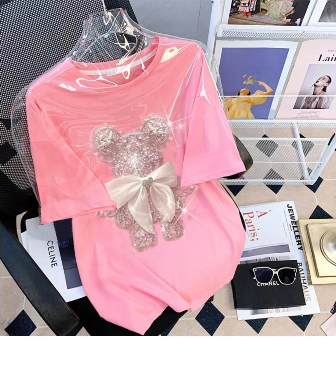 Heavy Industry Rabbit Sequins White Short-Sleeve T-shirt Women Sweet Contrast Color Mesh Cute Flowers Rabbit T Shirt Summer Tees