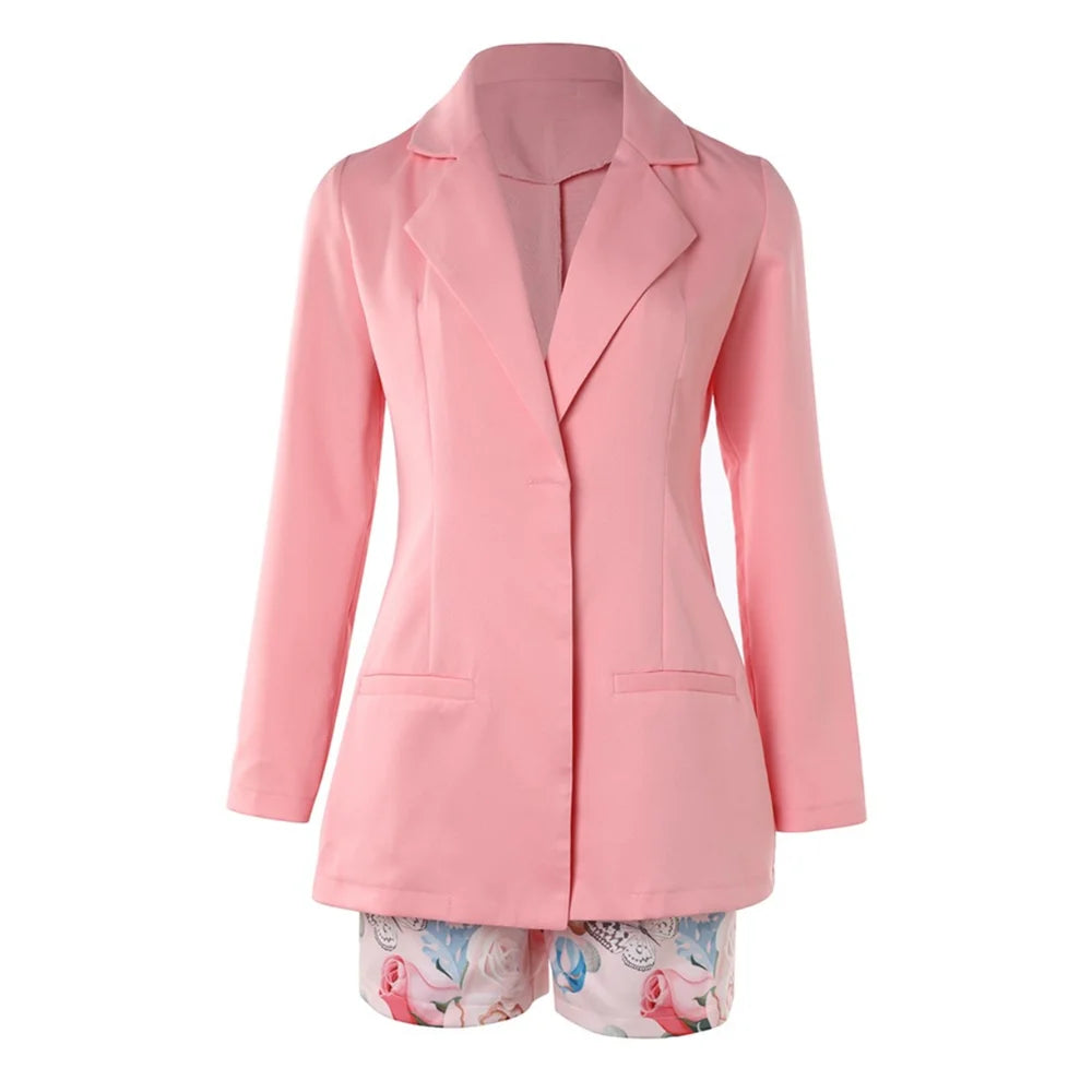 Summer Women 2 Pieces Outfit Long Sleeve Blazer and Floral Print Casual Shorts Set With Belt