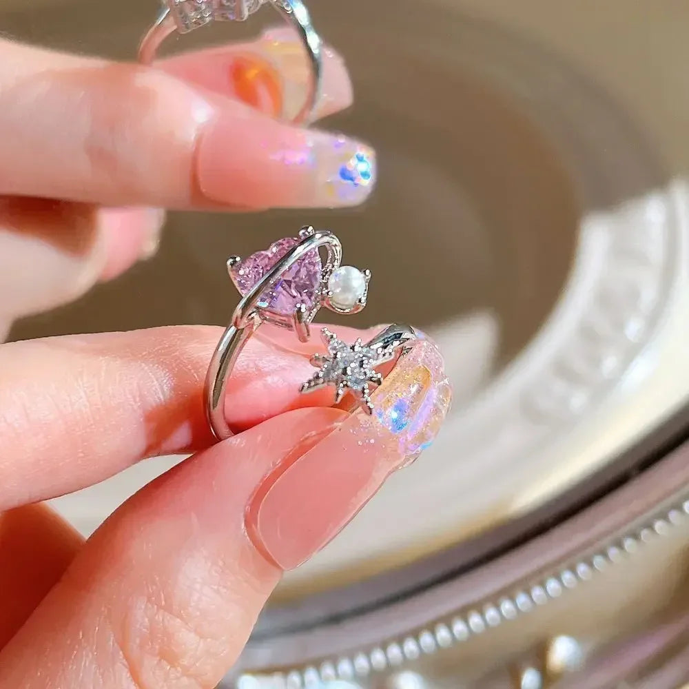 Adjustable Crystal Rings Y2K Pink Irregular Geometry Vintage Bowknot Heart Ring Set for Women Girl 2023 New Fashion Jewelry Gift