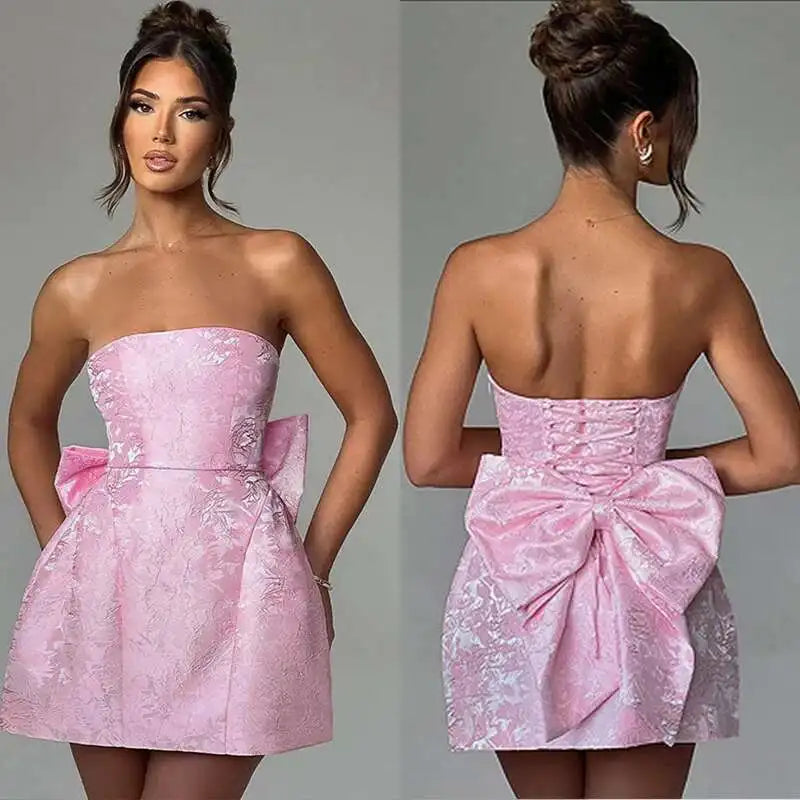 Giyu Club Evening Party Dresses Women 2025 Summer Sexy Bow Halter Long Dress Elegant Jacquard Lace Up Backless Birthday Robe