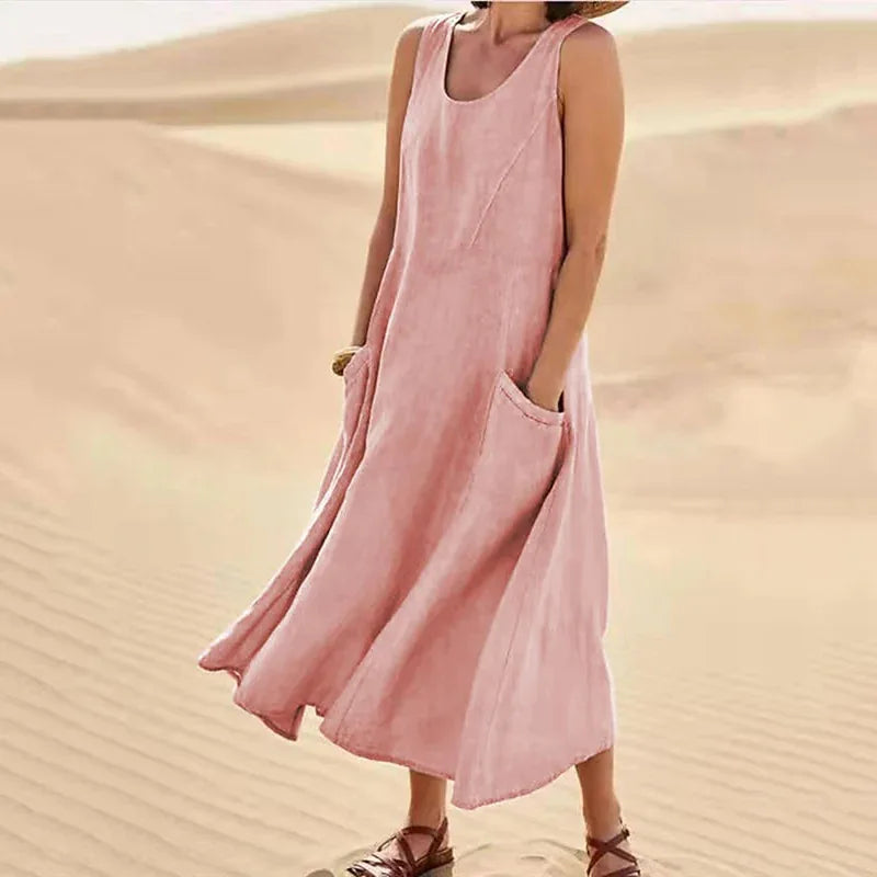 Chic Women Coton Linen Sundress Summer Female Sleeveless Double Big Pocket Loose Sand Beachwear Long Dress Oversized Vestidos