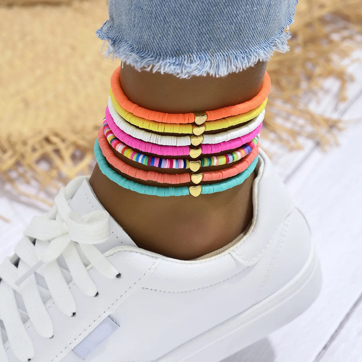 7Pcs Colorful Stackable Anklet Set For Women Heart Charm Soft Clay Pottery Layering Ankle Bracelet Girls Summer Beach Jewelry