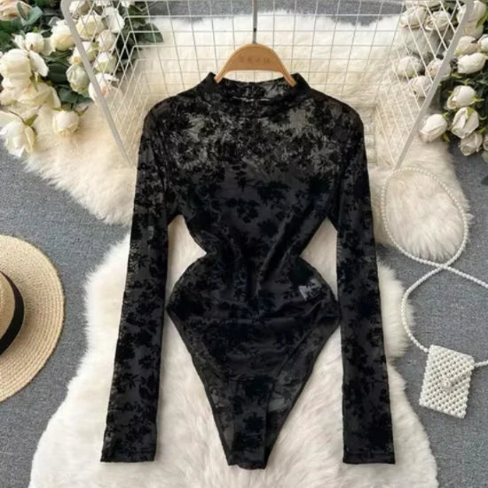 Women Sexy Mesh V Neck Slim Bodysuit Chic Long Sleeve Fashion Elastic Bodycone Jumpsuits Spring Autumn Hotsweet Gothic Playsuits