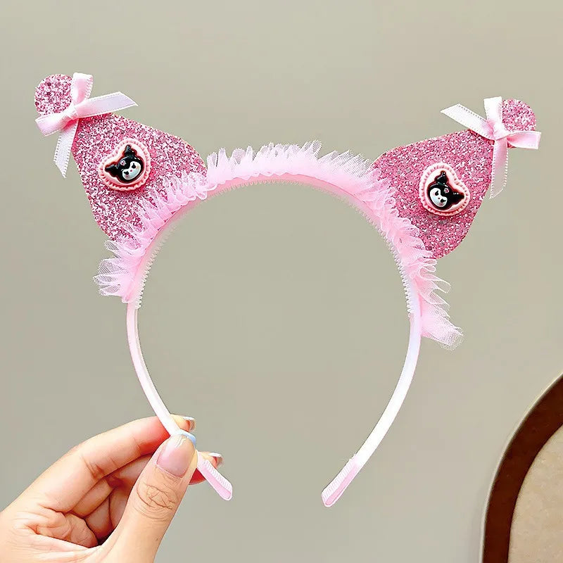 Kawaii Sanrio Kuromi Children Headband Hello Kitty Melody Cinnamoroll Cartoon Bow Shiny Hairband Hair Accessories Christmas Gift