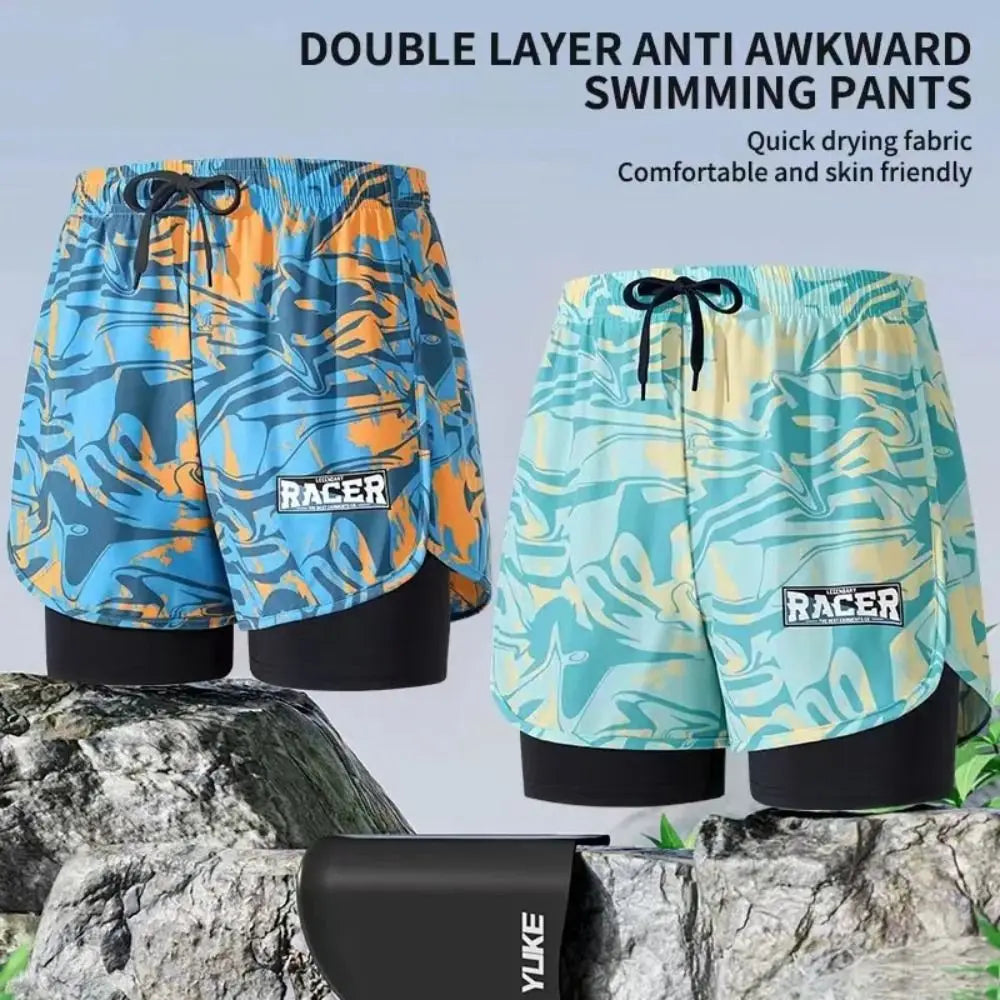 L-5XL Men's Swimming Trunks Swimsuit Printing Beach Pants Quick Drying Breathable Adult Double Layered Swimming Trunks Sports