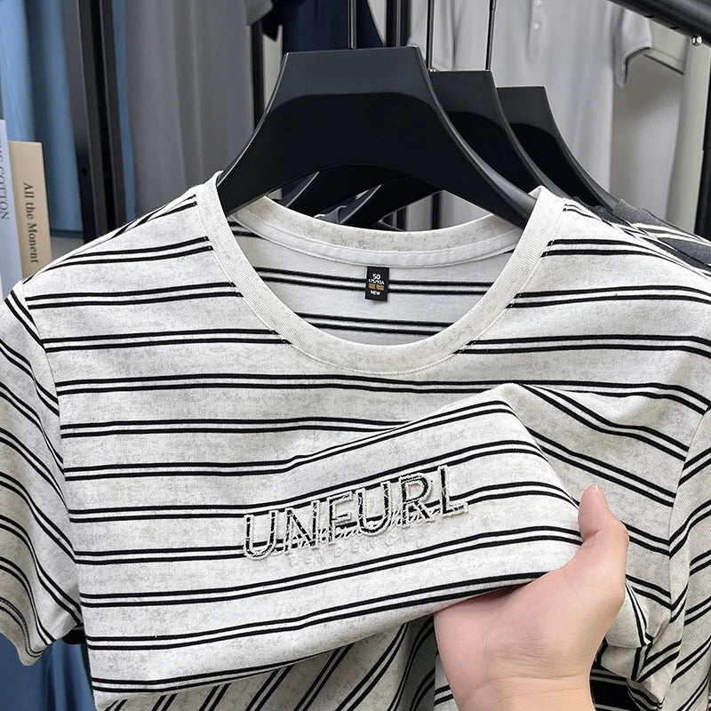 Top Grade Yarn Dyed New Summer Tops Striped Designer Tshirt Men 2025 Round Neck Brand Short Sleeve Casual Fashion Men Clothing