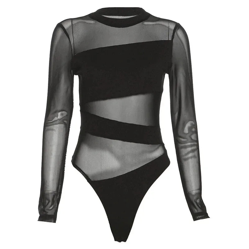 Spring Summer New Fashion Cut Cross Hollow Mesh Jumpsuit Long-Sleeved Thin O Neck Diagonal Black Charming Bodysuit Clubwear