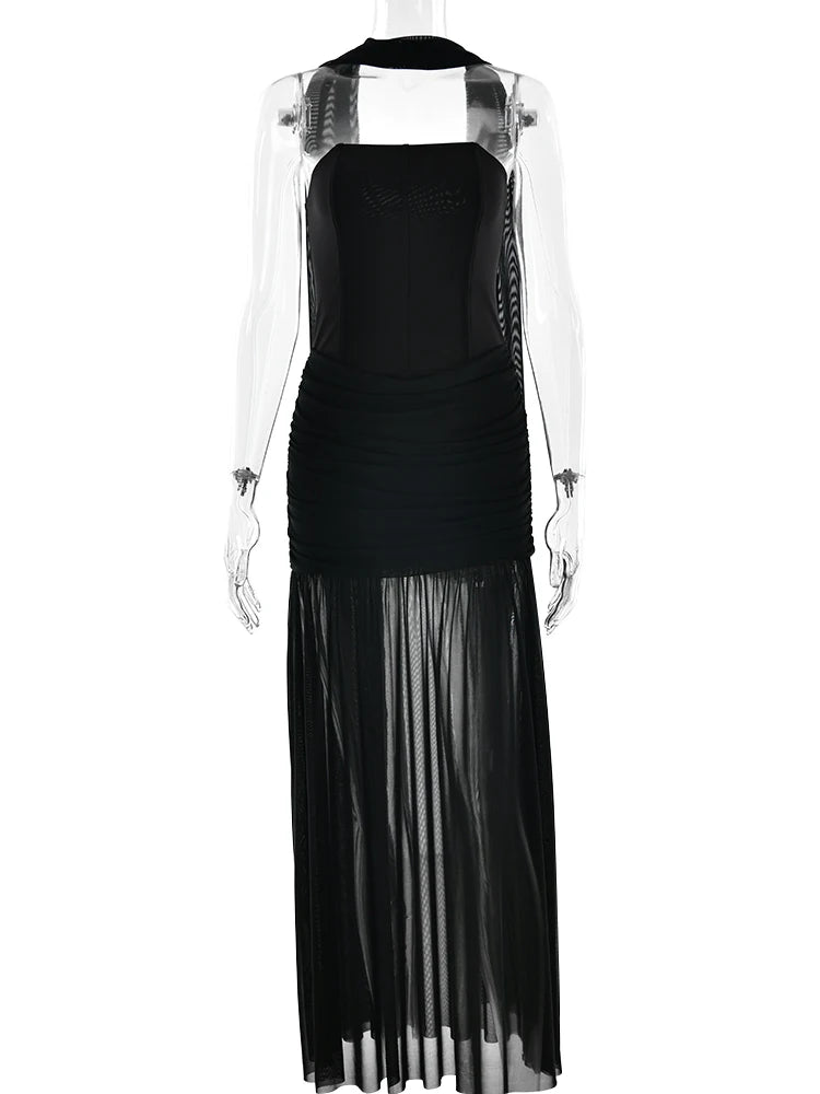 Sibybo Off Shoulder Strapless Sexy Maxi Dress Women Mesh Patchwork Backless Draped Ruched Bodycon Dresses Elegant Partywear Robe
