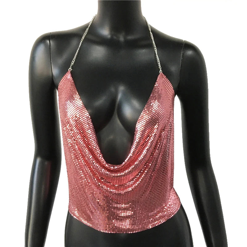 Festival Brilliant Rhinestone Backless Party Crop Top Women 2022 Summer Glitter Evening V Neck Diamonds Metal Tank Tops