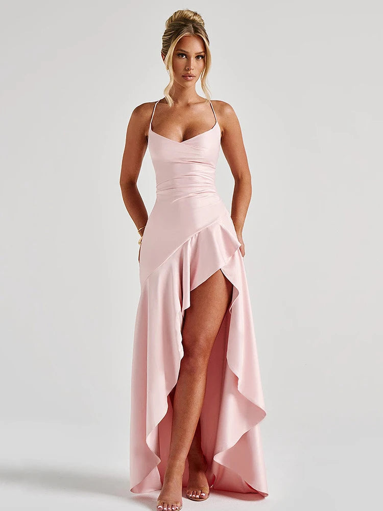 Articat Elegant Spaghetti Strap Satin Split Maxi Dress Women Sexy Backless Bodycon Party Evening Dress Summer Holiday Beachwear