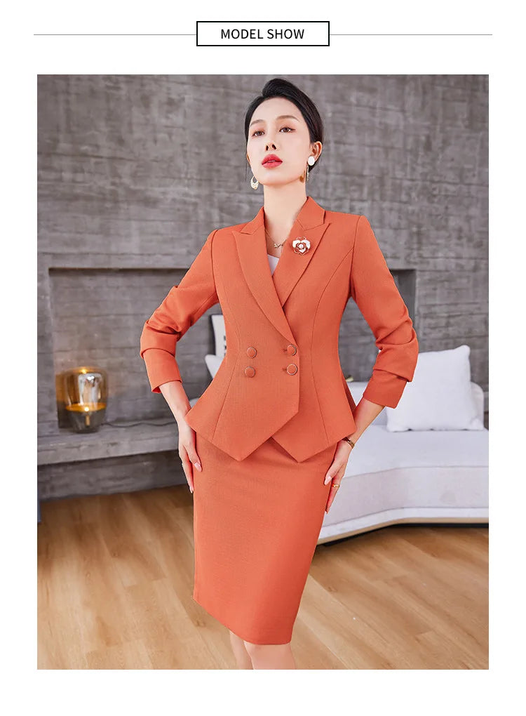 Navy Blue Suits Women 2023 New Spring Autumn Professional Long Sleeve Slim Blazer And Skirt Sets Office Ladies Work Wear Orange