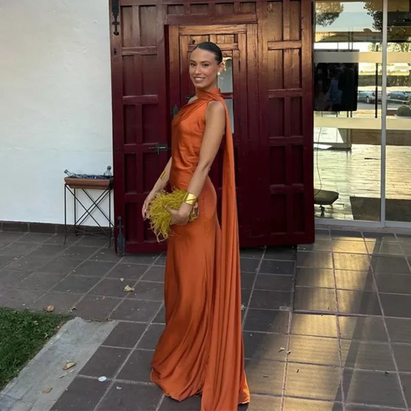 Elegant Satin Ribbon Halter Backless Sleeveless Dress for Women Slim Fit Party Evening Robes Lady Solid Color Autumn Summer 2025