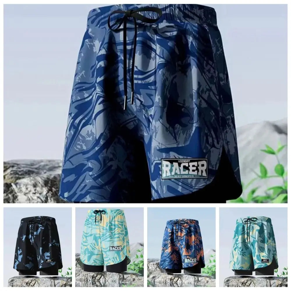 L-5XL Men's Swimming Trunks Swimsuit Printing Beach Pants Quick Drying Breathable Adult Double Layered Swimming Trunks Sports