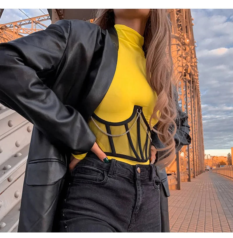 Sexy Corset Underbust Punk Metal Chain Black Women Top Curve Shaper Strap Slimming High Waist Belt Lace Bustiers