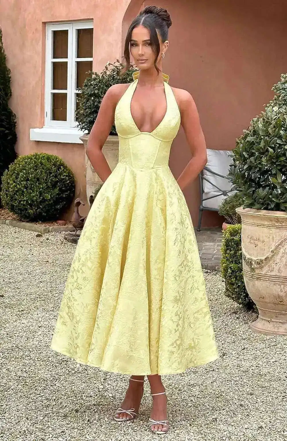 Giyu Club Evening Party Dresses Women 2025 Summer Sexy Bow Halter Long Dress Elegant Jacquard Lace Up Backless Birthday Robe