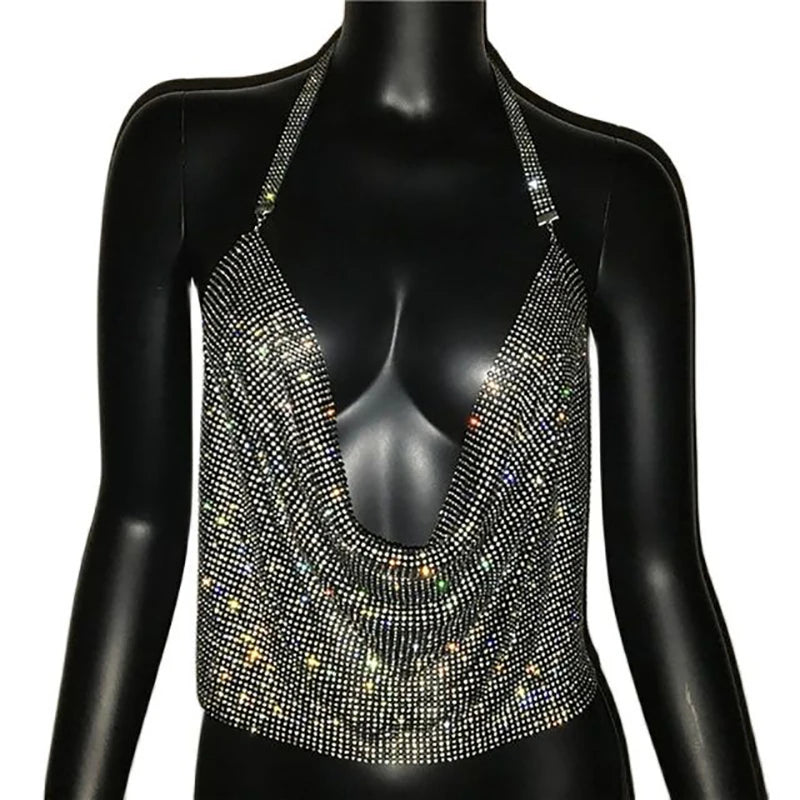 Festival Brilliant Rhinestone Backless Party Crop Top Women 2022 Summer Glitter Evening V Neck Diamonds Metal Tank Tops