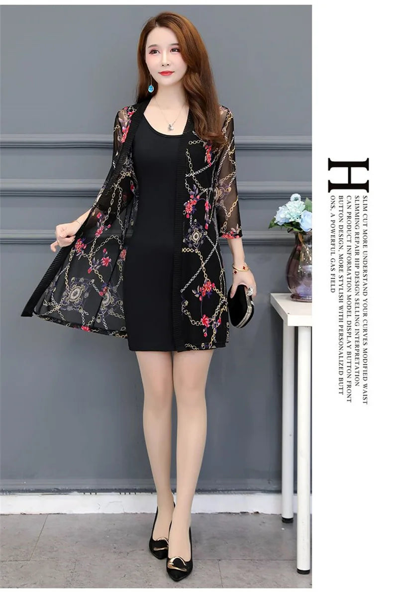2024 Female Mid Length Large Size Sun Protection Cardigan Tops Coat Women Summer Gauze Lace Print Thin Sun Sunscreen Jacket 5XL
