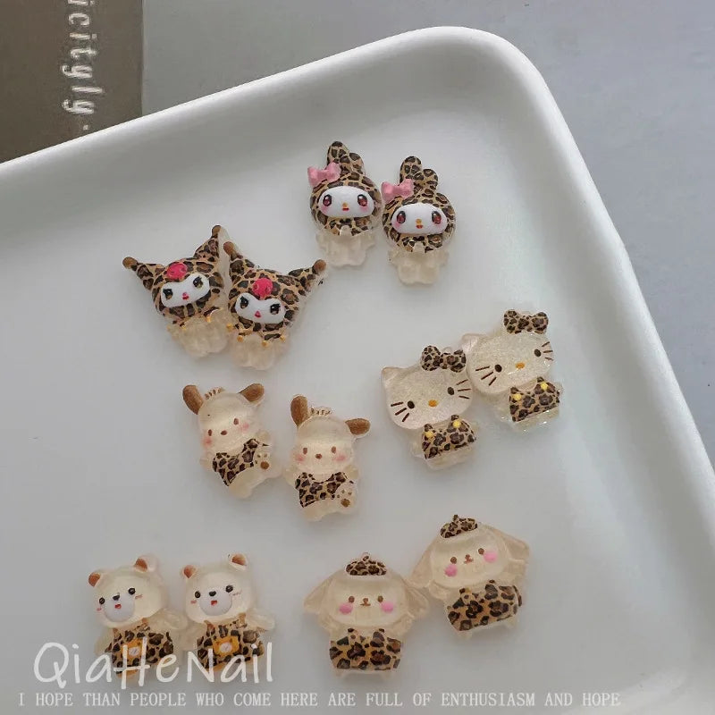Sanrio Hello Kitty, Melody & Kuromi Cartoon Nail Accessories - 10PCS Cute Mini Resin Trinkets, Leopard & Maillard Print Pattern,