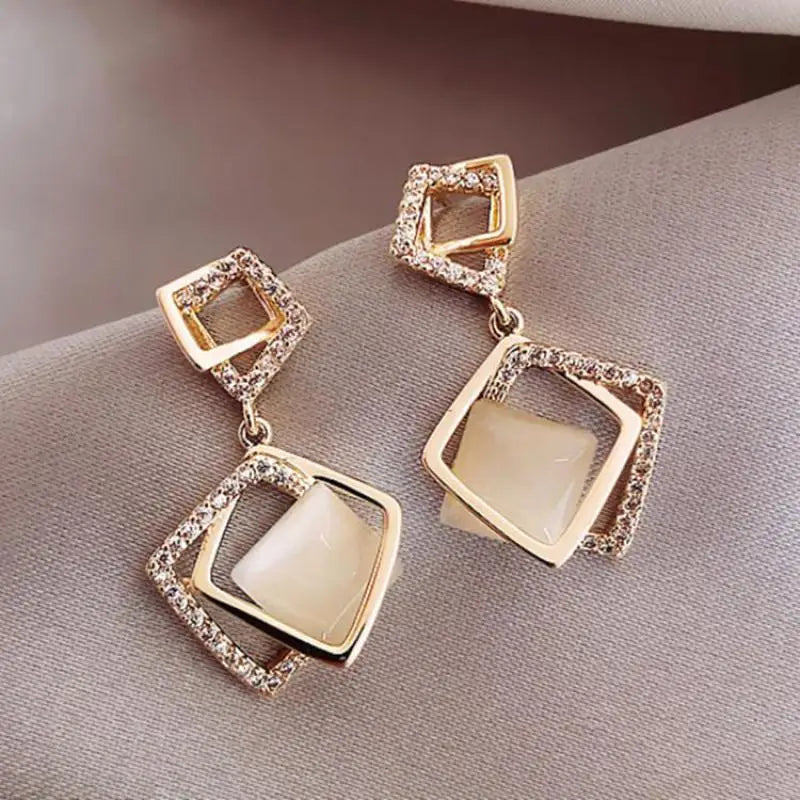 925 Silver Needle Korean Fashion Rhombus Drop Earrings For Women Jewelry 2025 Trending Luxury Crystal Cat's Eye Stone Earrings