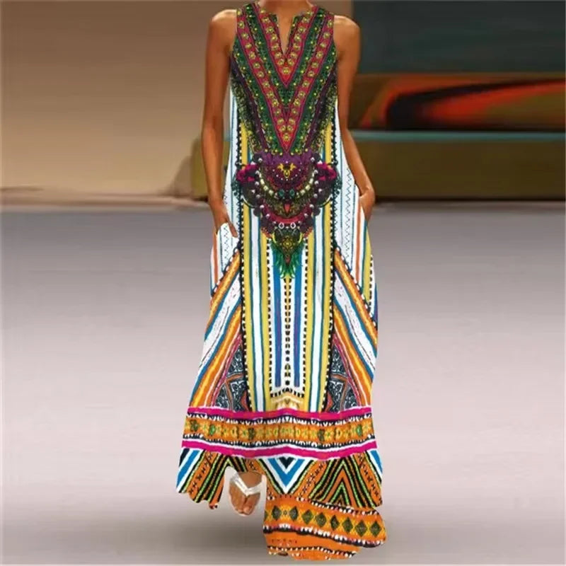 Spring Summer Long Dress Womens Long Casual Party Dresses Women Clothing Casual A-Line Printing V-Neck Pockets Maxi Dress Autumn