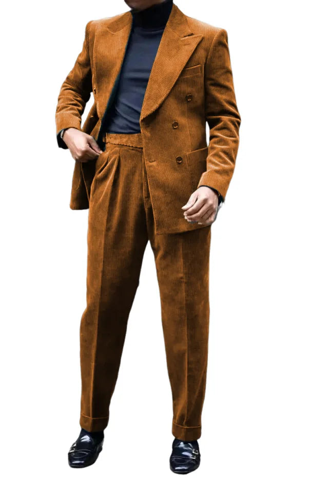 Autumn Winter Corduroy Men's 2 pieces suit Man blue suit Jacket suit Pants Suit Thick top for Wedding Banquet Business