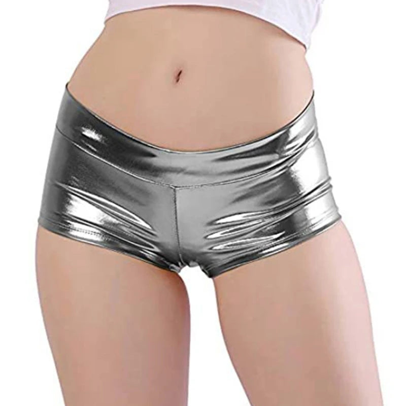 Women's Metallic Booty Shorts Shining Low Waist Shorts Dance Festival Bottoms Faux Leather Hot Pants Clubwear Gifts