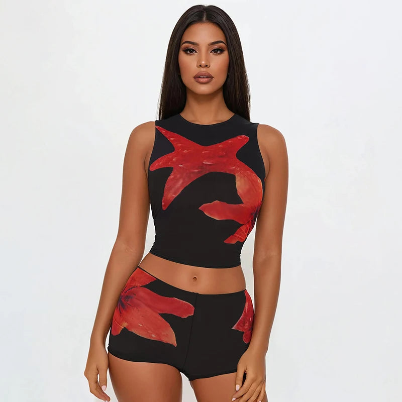 CUTENOVA Women'S Casual Street Starfish Flower Print Shorts Set Round Neck Sleeveless Crop Top + Low Waist Shorts Two-Piece Sets