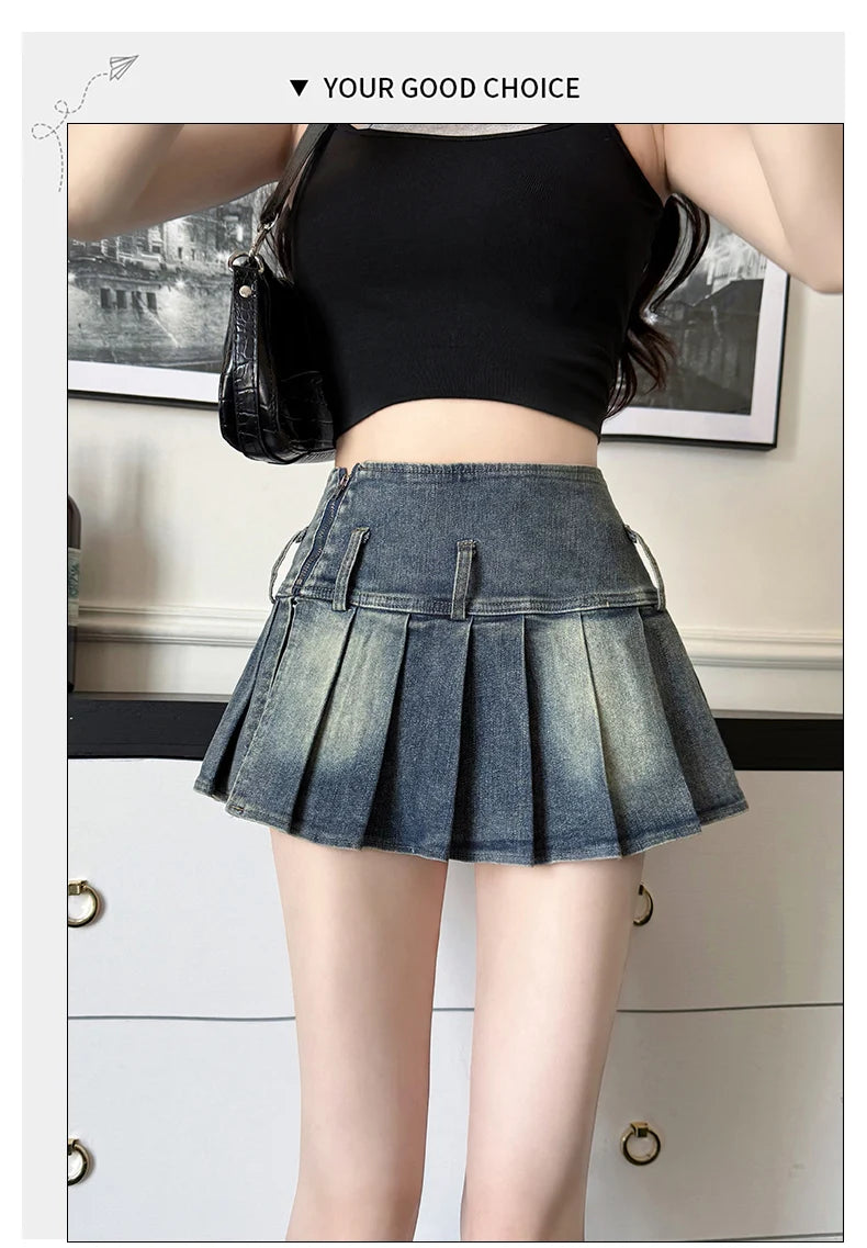 スイートセクシーデニムケーキスカート レディース レトロ ハイウエスト Aライン ミニスカート 女性用 韓国ファッション カジュアル ストリートウェア プリーツスカート Y2K