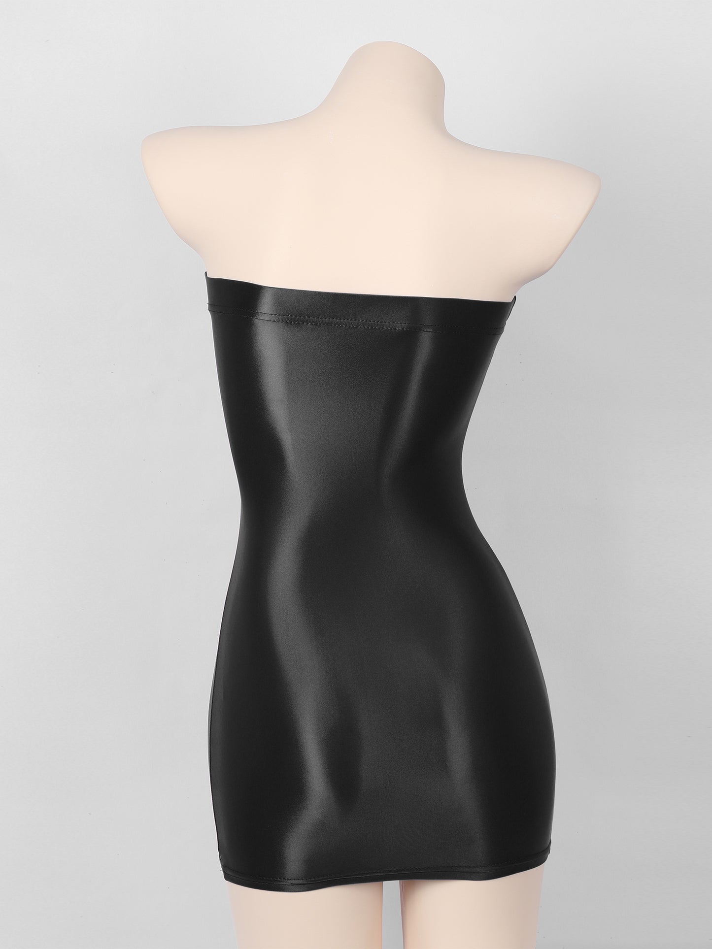 Sexy Women Oil Glossy Sheer Bodycon Dress Females See Through Strapless Pencil Dress Smooth Tight Mini Dress Clubwear