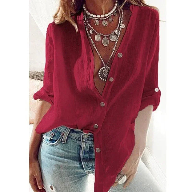 Summer Women's Cotton Linen Shirt Fashion Solid Color Casual Loose Button V-Neck Long Sleeve Top Commuter Wear