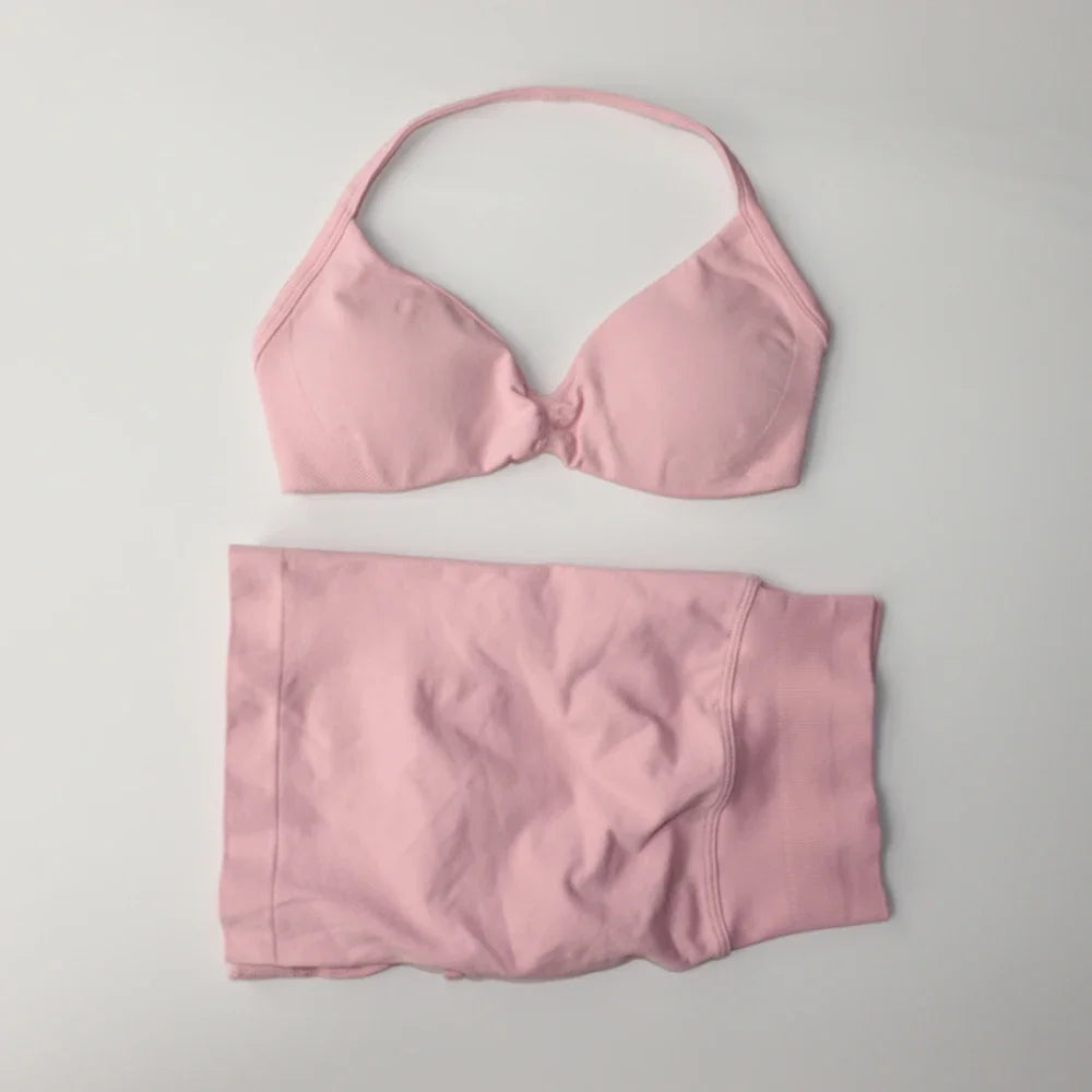 Gym Set Women Two Piece Strappy Yoga Bra Top Workout Scrunch Shorts Suit Fitness Clothes Seamless Sportswear Workout Set