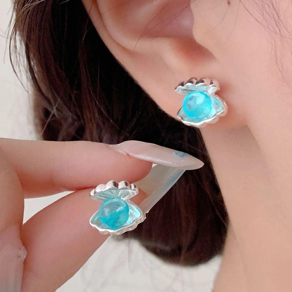 Fashion Shell-shaped Stud Earrings Blue Color Earrings for Women Ear Studs Sweet Girls Fashion Jewelry Party Gifts