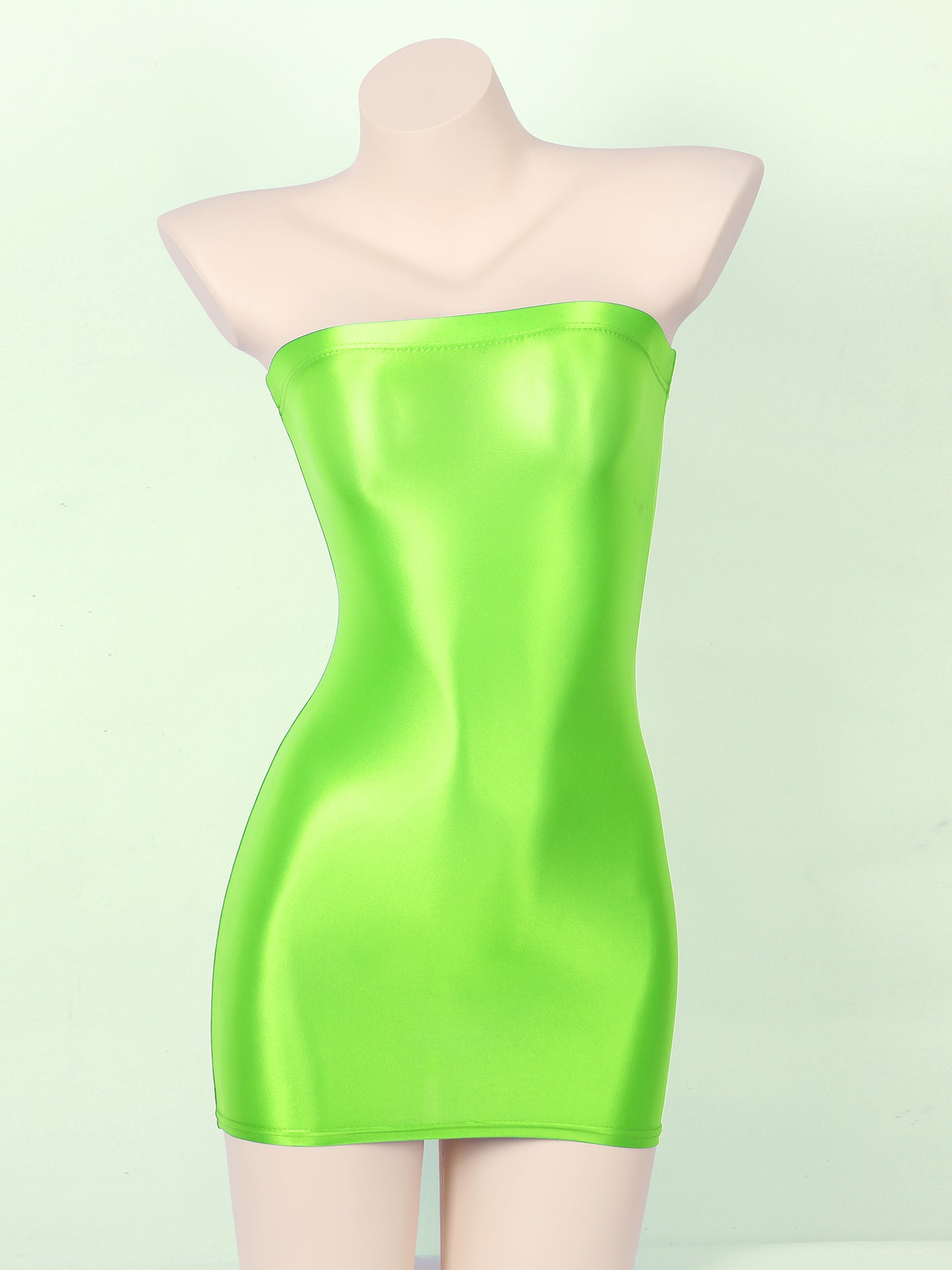 Sexy Women Oil Glossy Sheer Bodycon Dress Females See Through Strapless Pencil Dress Smooth Tight Mini Dress Clubwear