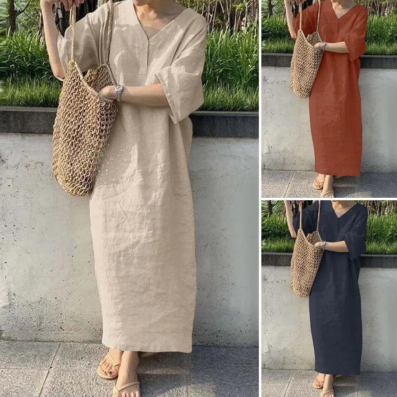 Women V Neck Button Short Sleeve Loose Maxi Dresses Summer Casual Female Holiday Beachwear Solid Color Cotton Linen Party Dress