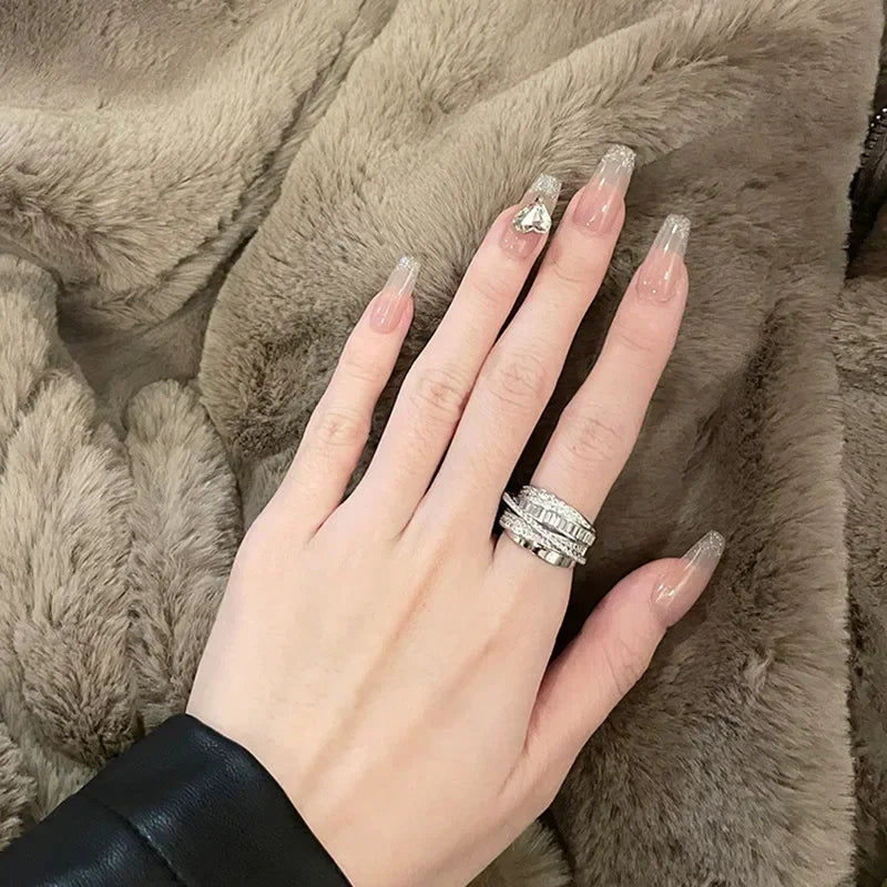 Light Luxury Inlaid Cubic Zircon Finger Ring for Women Classic Cross Design Open Ring Bride Jewelry for Engagement Wedding