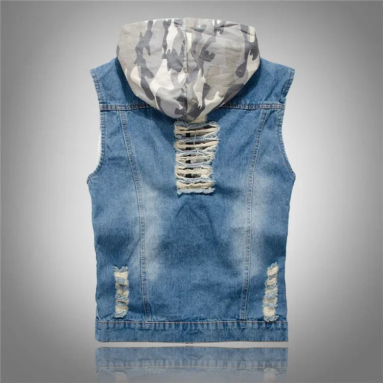 New Men's Korean Style Vest Fashion Slim Camouflage Hooded Waistcoat Casual Sport Denim Vest Sleeveless Jackets for Men 5XL
